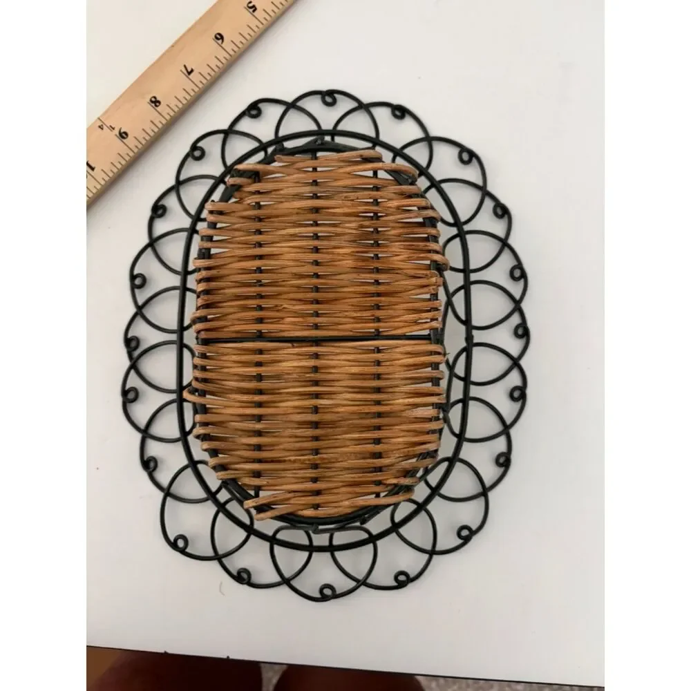 vtg Metal and wicker oval basket with fleur design
